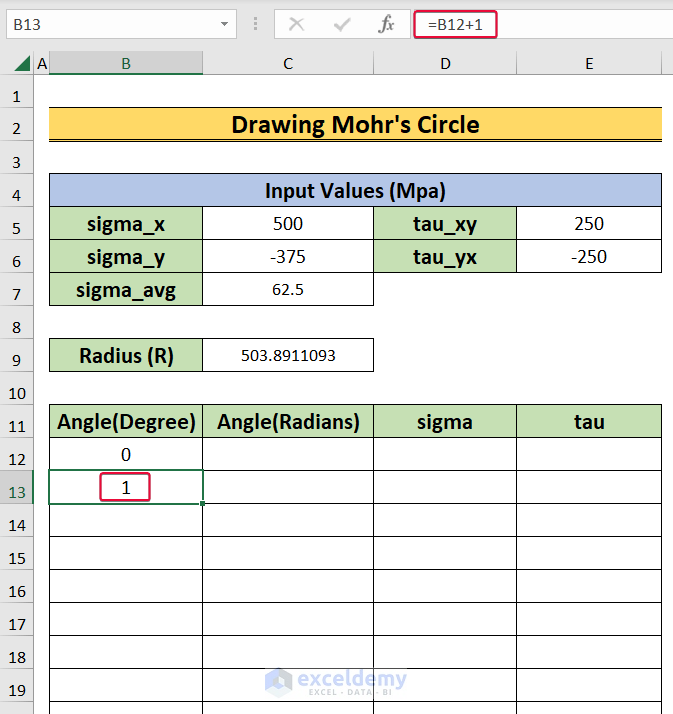 writing angles in degrees to show how to draw a mohrs circle in excel