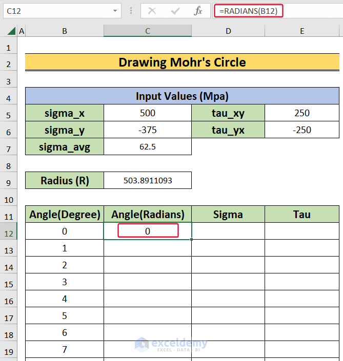 converting to radians to show how to draw a mohrs circle in excel