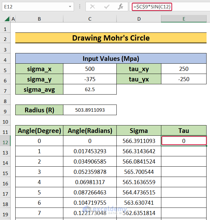 calculating shear stress to show how to draw a mohrs circle in excel