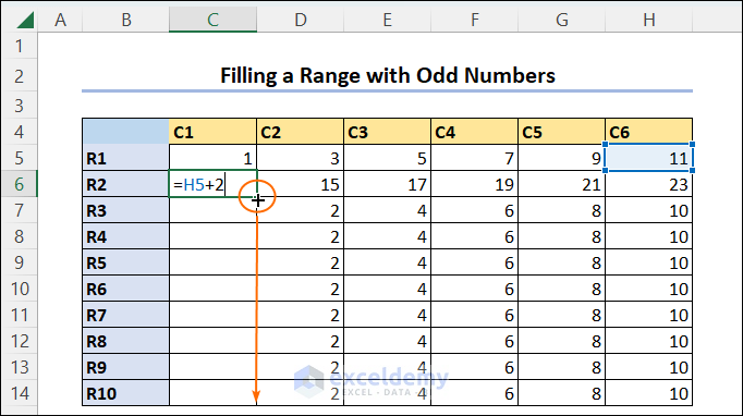 Fill a Specific Range with Odd Numbers Using Mathematical Operations in Excel
