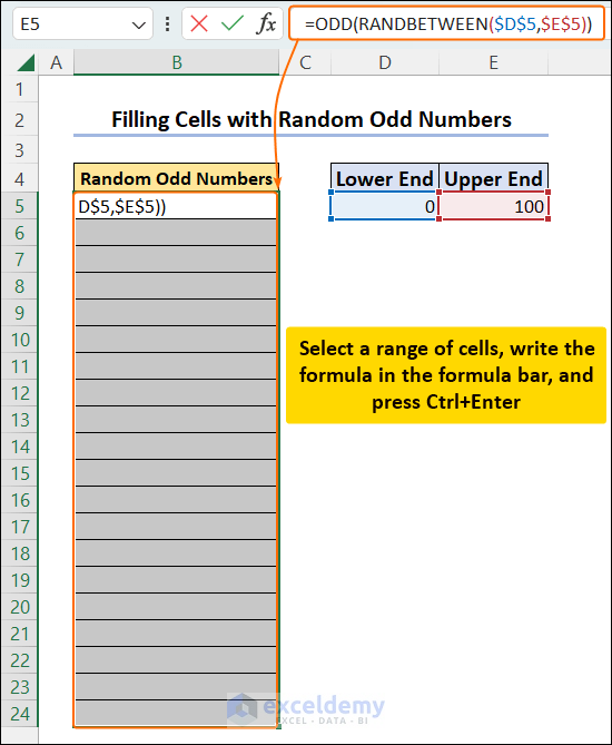 Create a Random List of Odd Numbers Using RANDBETWEEN and ODD Functions