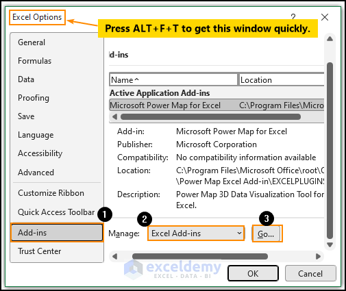 Going to Excel add-ins in Excel Options window