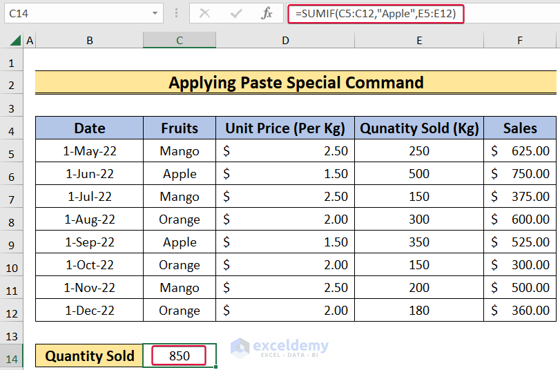 applying paste special command to show how to hard code in excel