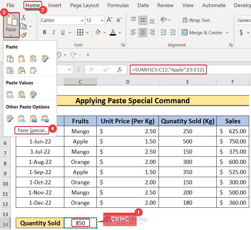 choosing paste special command to show how to hard code in excel