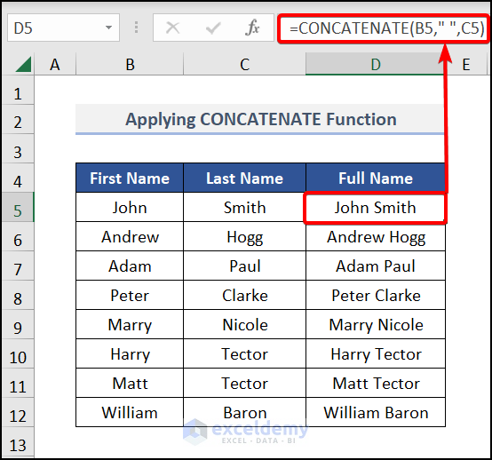 Applying the CONCATENATE Function to join names in excel