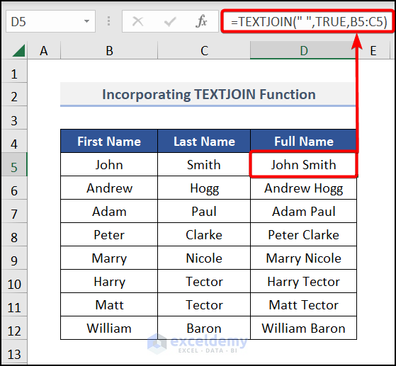 Incorporating the TEXTJOIN Function to join names in excel