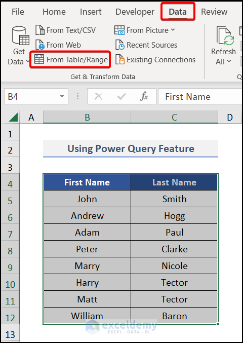 Using the Power Query Feature to join names in Excel