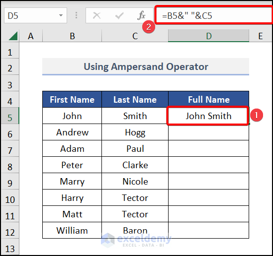 Using Ampersand Operator to join names in Excel
