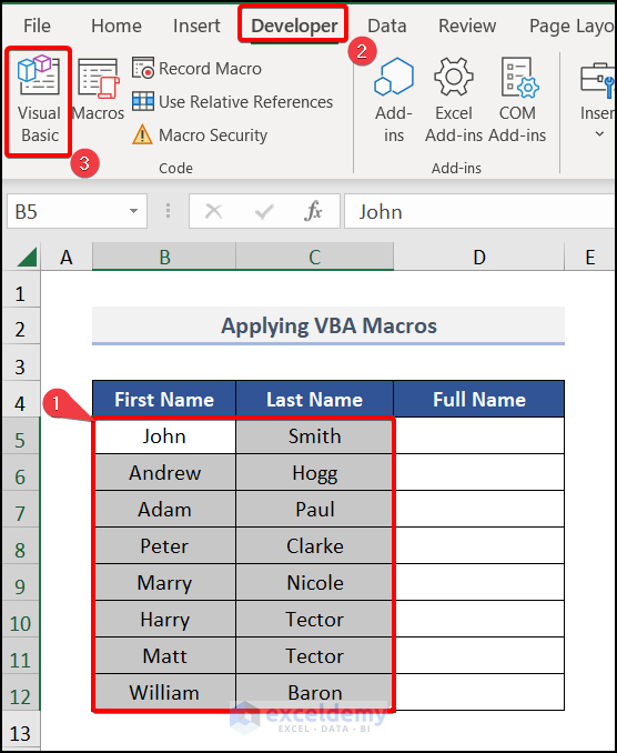 Applying VBA Macros to join names in Excel