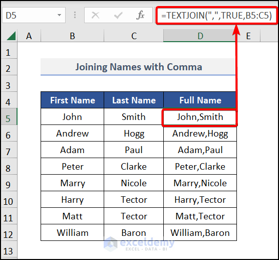 How to Combine Names in Excel with Comma