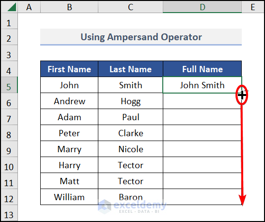 Fill Handle to join names in excel