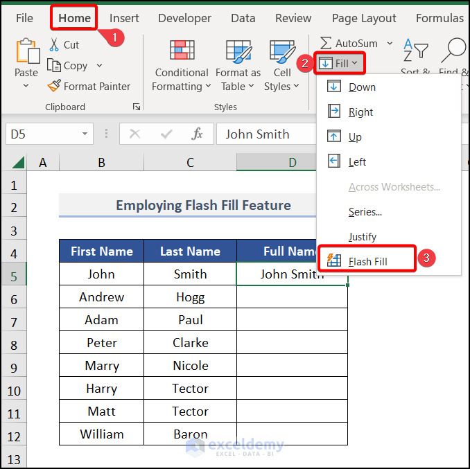 Employing the Flash Fill Feature to join names in Excel