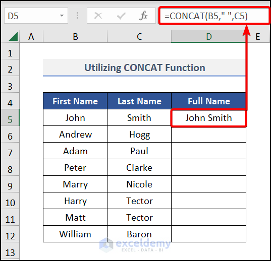Utilizing CONCAT Function to join names in Excel
