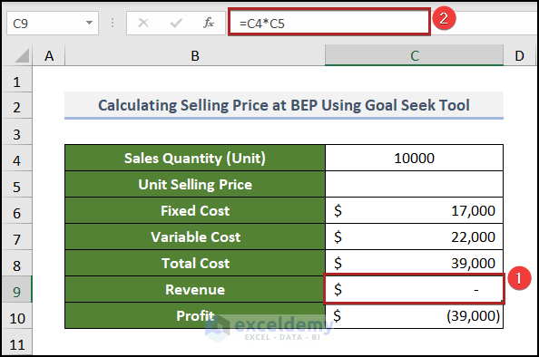 Calculating Selling Price at Break Even Point Using Goal Seek Tool