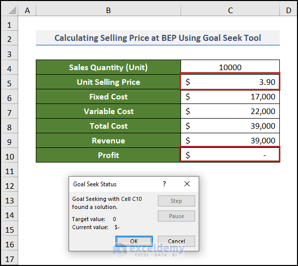 Calculating Selling Price at BEP Using Goal Seek Tool in Excel