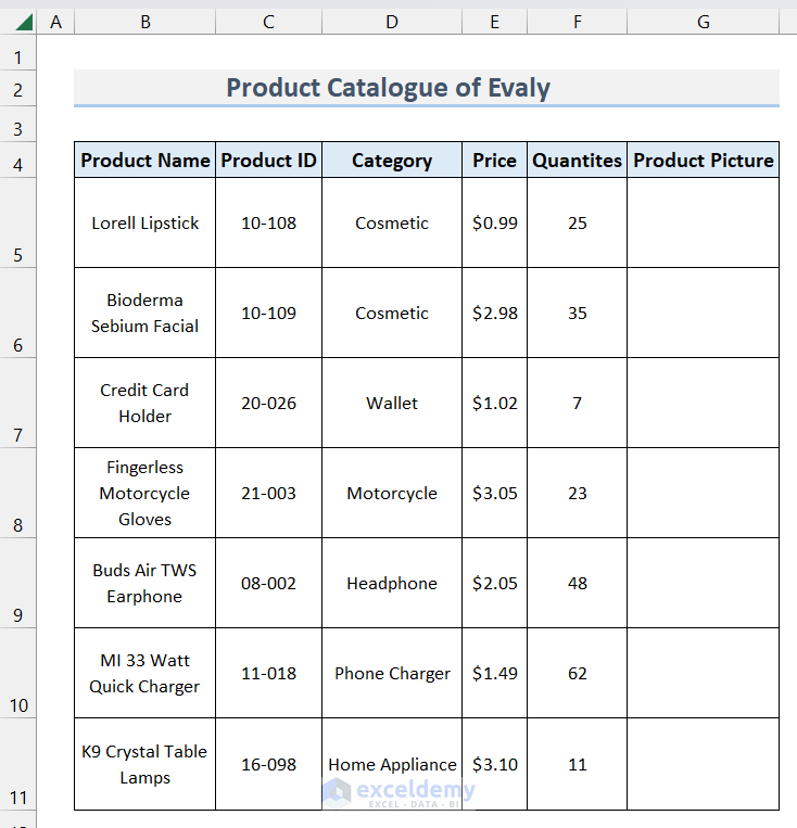 how to make catalogue in excel