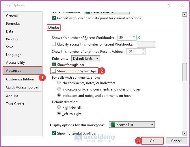 Changing Advanced Tab from Excel Options to Remove Tooltip