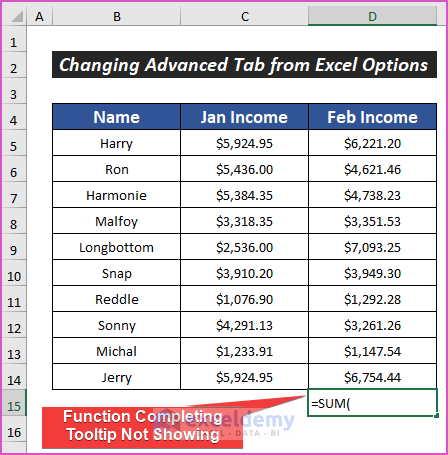Disappearance of function completing tooltip in Excel