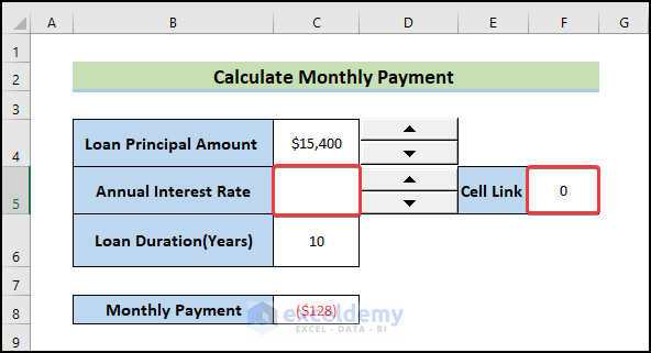 Use Spin Button in Excel to change annual interest rate
