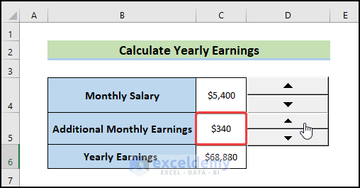 Use Spin Button in Excel to change monthly earnings