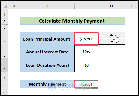Use Spin Button in Excel to change loan principal amount
