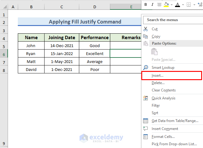 Apply Fill Justify Command to Type a Paragraph in Excel