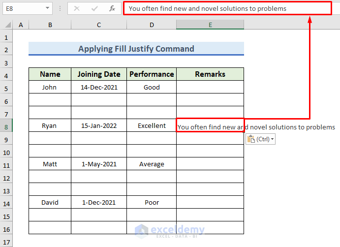 Apply Fill Justify Command to Type a Paragraph in Excel