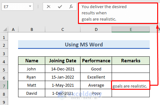Write a Paragraph in Excel Cell Using Microsoft Word
