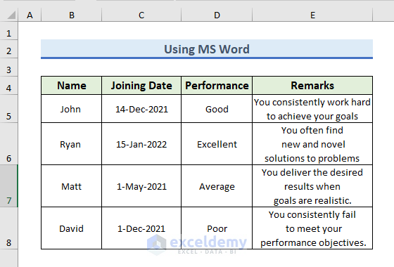 Write a Paragraph in Excel Cell Using Microsoft Word