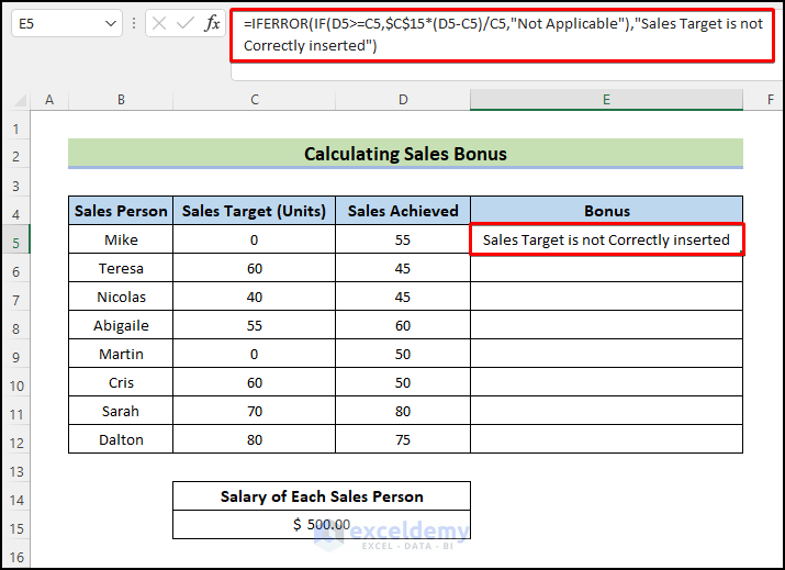 calculate sales bonus to Use IF and IFERROR Combined in Excel