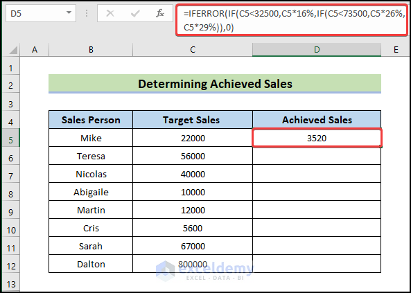 determine achieved sales to Use IF and IFERROR Combined in Excel