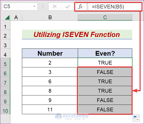 Resultado de utilizar la función ISEVEN para encontrar un número par