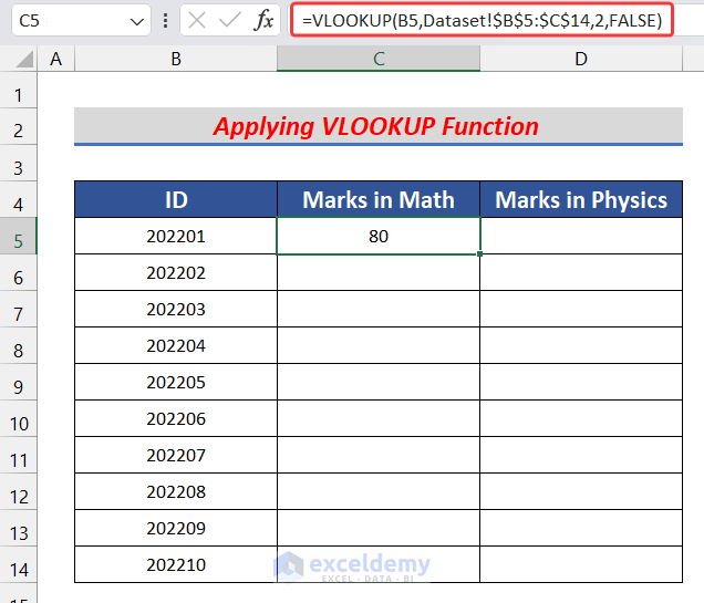 Using VLOOKUP function to get the math marks to inner join 