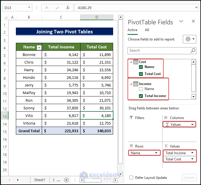 Finally, two pivot table join using get and transform data