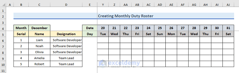 Step-by-Step Procedures to Create Monthly Duty Roster Format in Excel