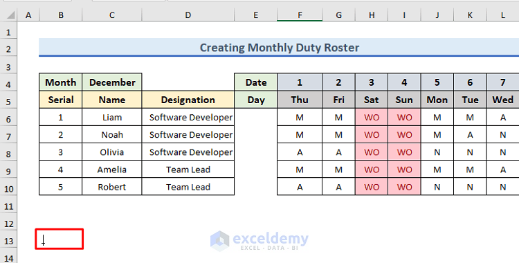 Step-by-Step Procedures to Create Monthly Duty Roster Format in Excel