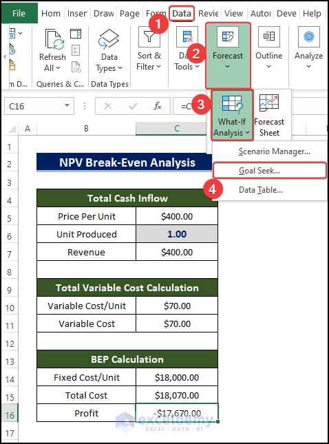 Use Goal Seek Tool to analyse the npv break even in Excel