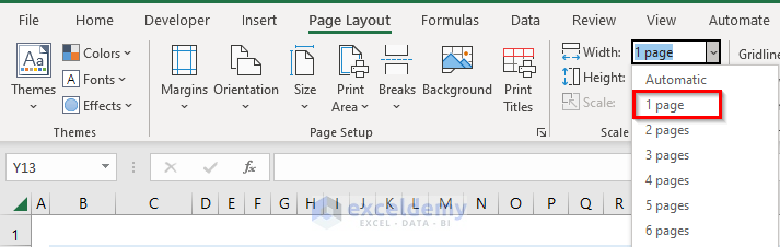setting width to perform page scaling in Excel