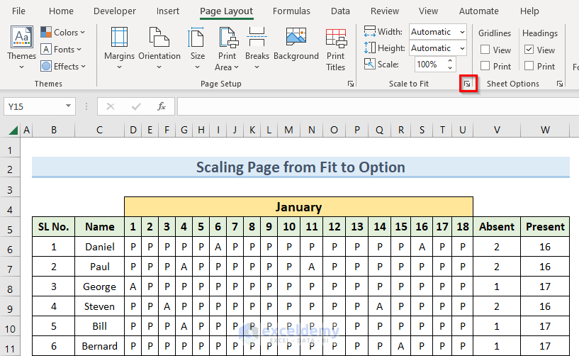 opening page setup dialog box to perform page scaling in Excel