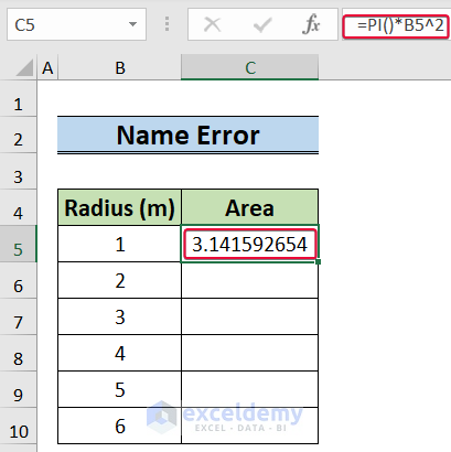 entering area formula to address pi function and name error in excel