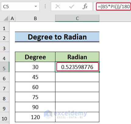 converting degree to radian to address pi function and name error in excel