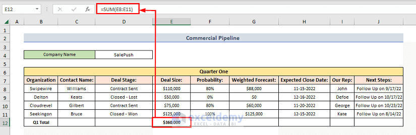commercial pipeline calculation in excel