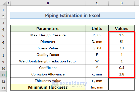parameters values to perform piping estimation in Excel