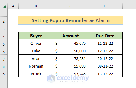 Set Popup Reminder as Alarm in Excel