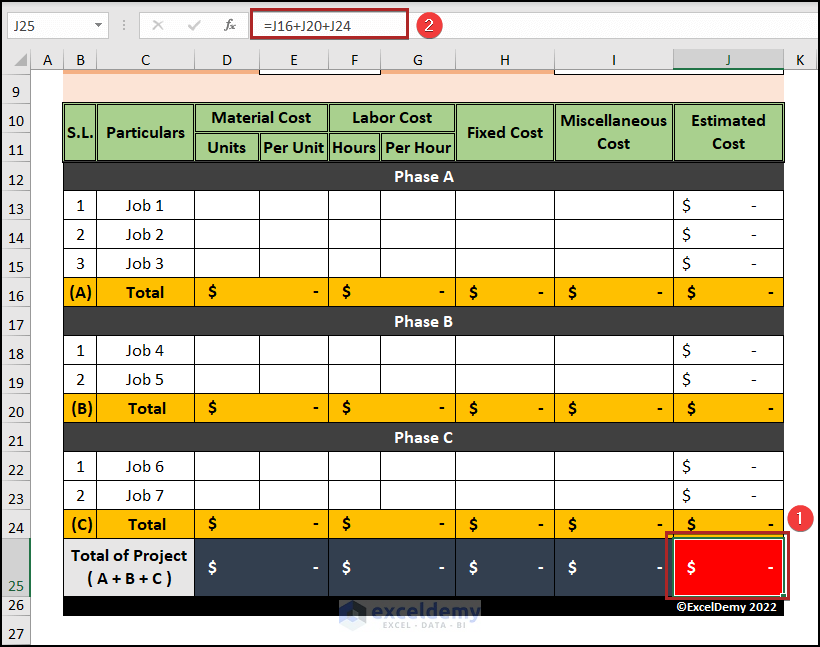 Calculating Total Estimation of Project Cost in Excel