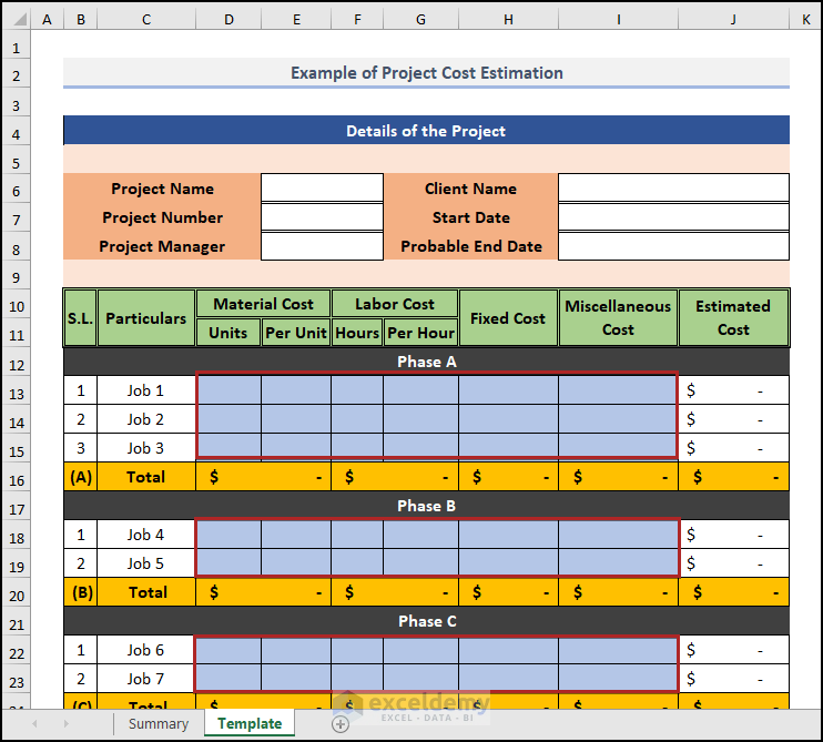 Free template of project cost estimation in Excel