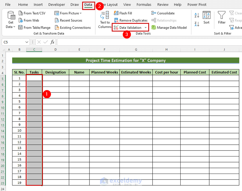 Adding Drop-down List to form project time estimation sheet in Excel