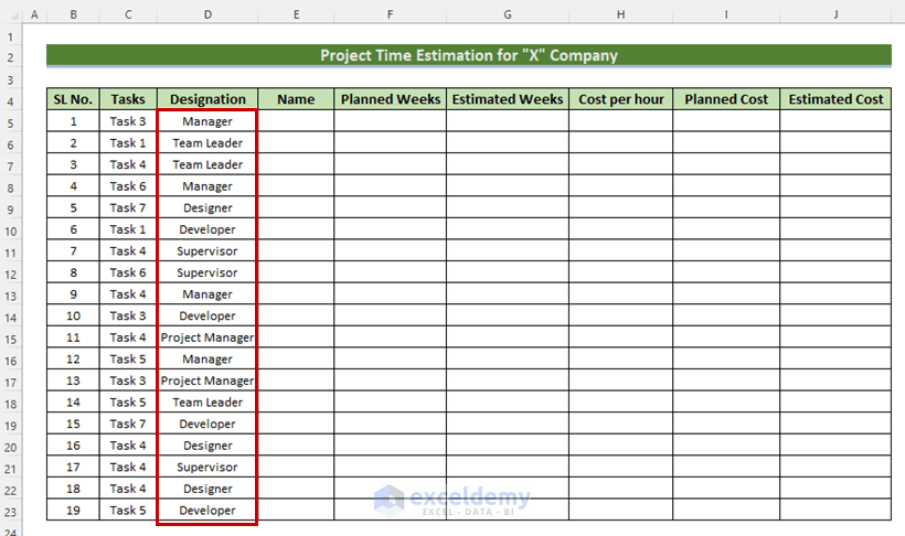 Adding Drop-down List to form project time estimation sheet in Excel