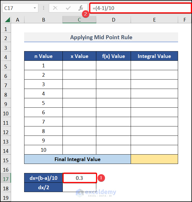 mid point rule to solve quadf not working in excel