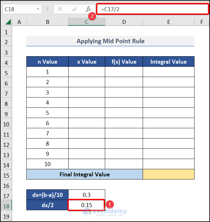 calculating dx to show quadf not working in excel